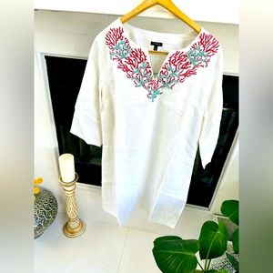 Talbots Swim Women's White Linen Embroidered Cover Up Dress Coral Sz M